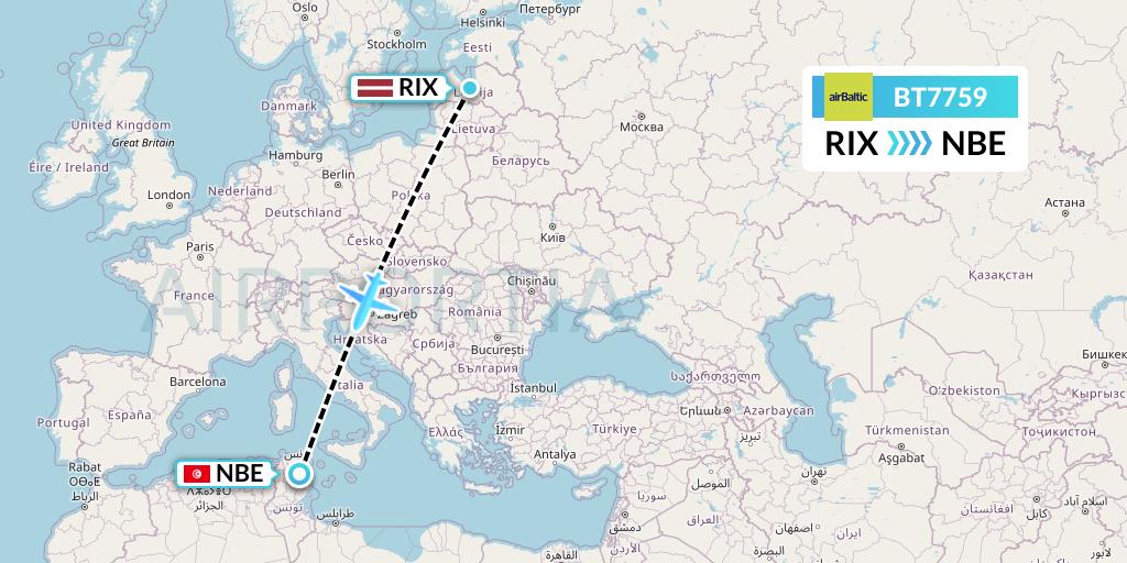 BT7759 Air Baltic Flight Map: Riga to Enfidha