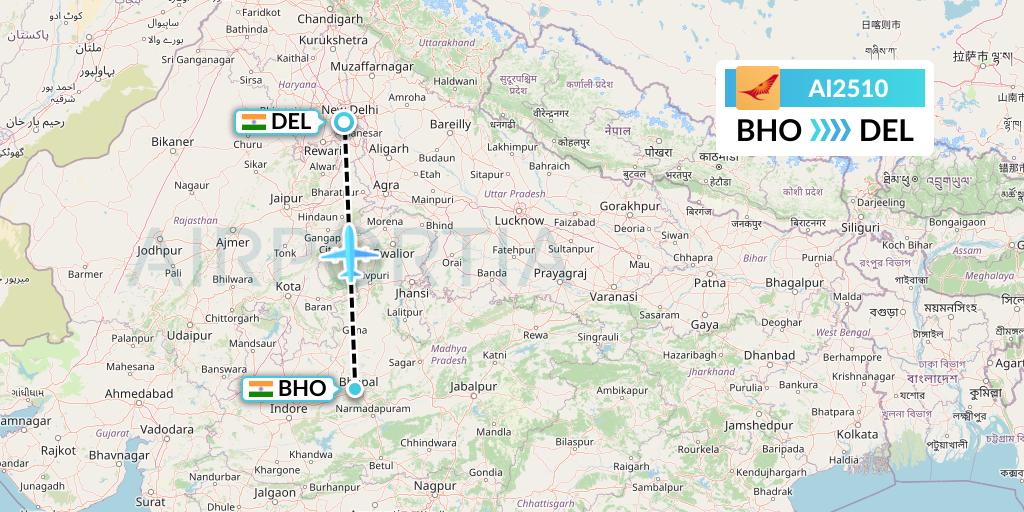 AI2510 Air India Flight Map: Bhopal to Delhi