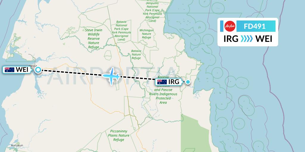 FD491 Thai AirAsia Flight Map: Australia to Weipa