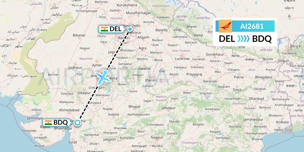 AI2681 Air India Flight Map: Delhi to Vadodara
