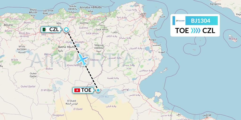 BJ1304 Nouvelair Tunisie Flight Map: Tozeur to Constantine