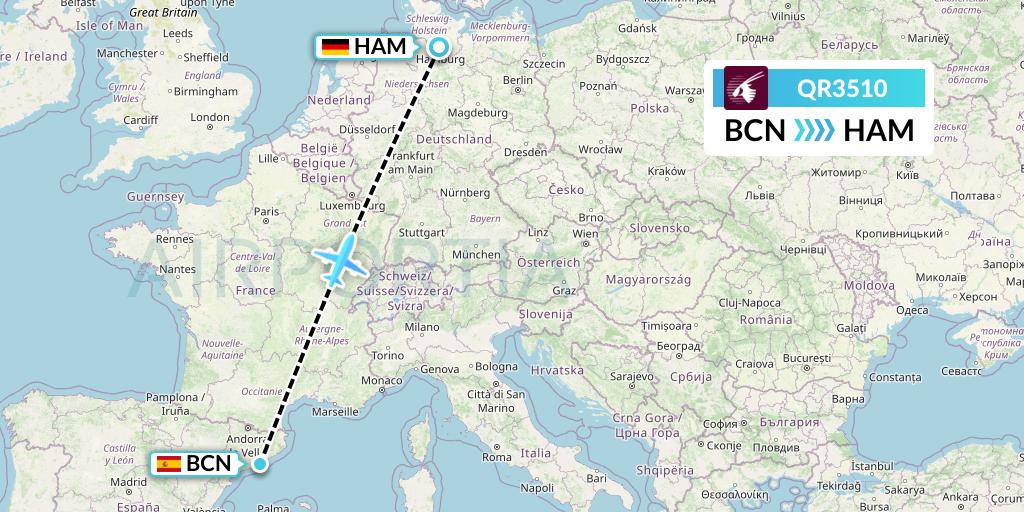 QR3510 Qatar Airways Flight Map: Barcelona to Hamburg