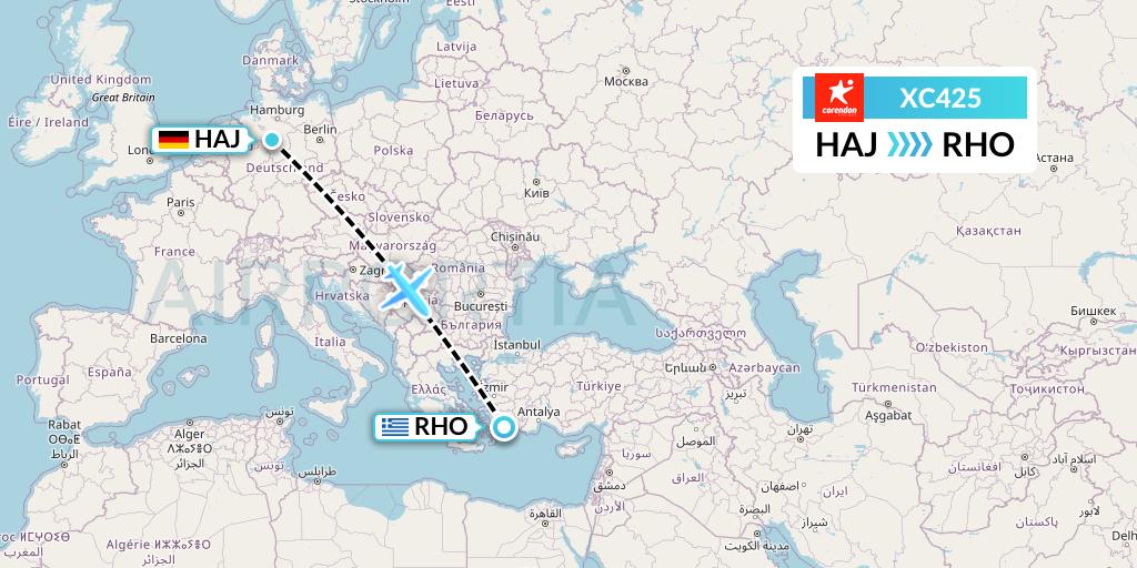 XC425 Corendon Airlines Flight Map: Hannover to Rhodes