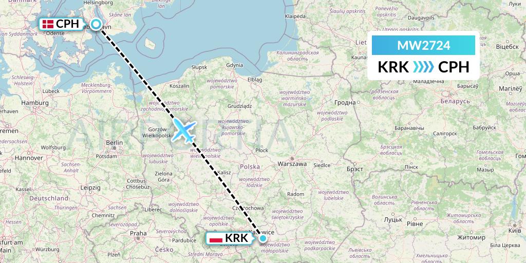 MW2724 Mokulele Flight Service Flight Map: Krakow to Copenhagen
