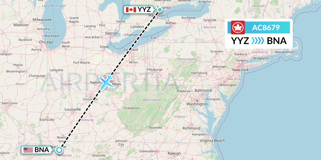 AC8679 Air Canada Flight Map: Toronto to Nashville