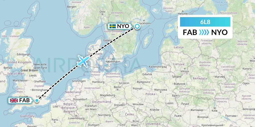 6L8 Aklak Air Flight Map: Farnborough to Stockholm