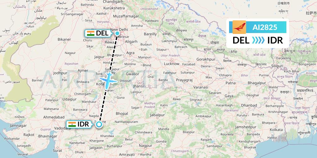 AI2825 Air India Flight Map: Delhi to Indore