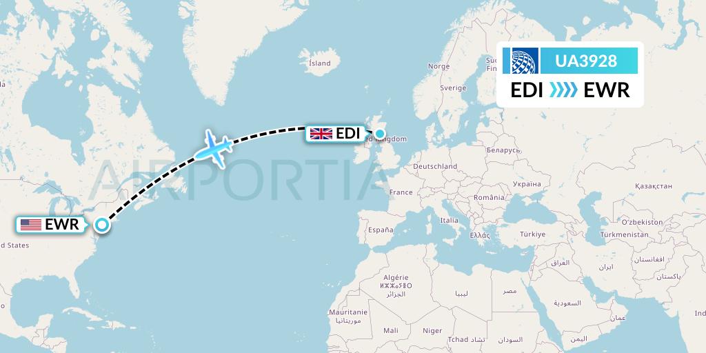 UA3928 United Airlines Flight Map: Edinburgh to New York
