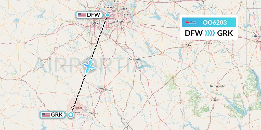 OO6203 SkyWest Airlines Flight Map: Dallas to Killeen