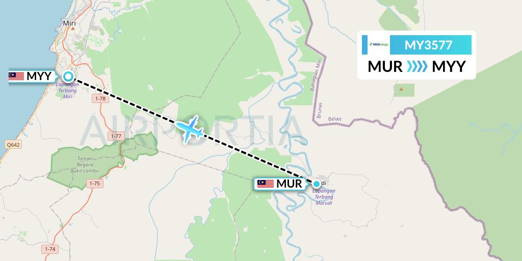 MY3577 MASwings Flight Map: Marudi to Miri