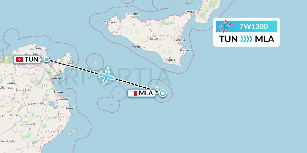 7W1300 Windrose Airlines Flight Map: Tunis to Malta
