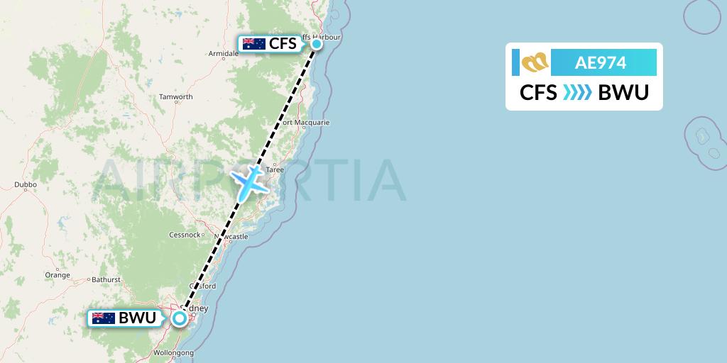 AE974 Mandarin Airlines Flight Map: Coffs Harbour to Bankstown