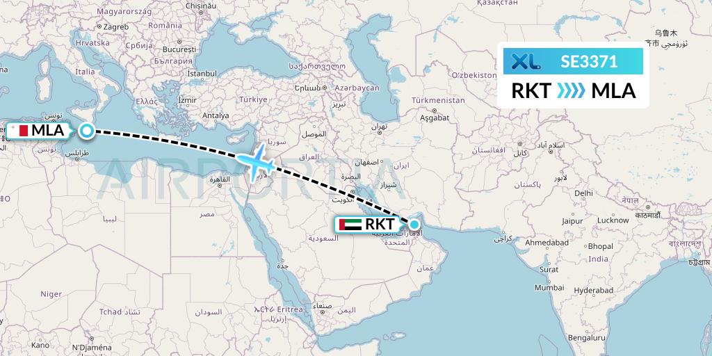 SE3371 XL Airways France Flight Map: Ra'sal-Khaymah to Malta