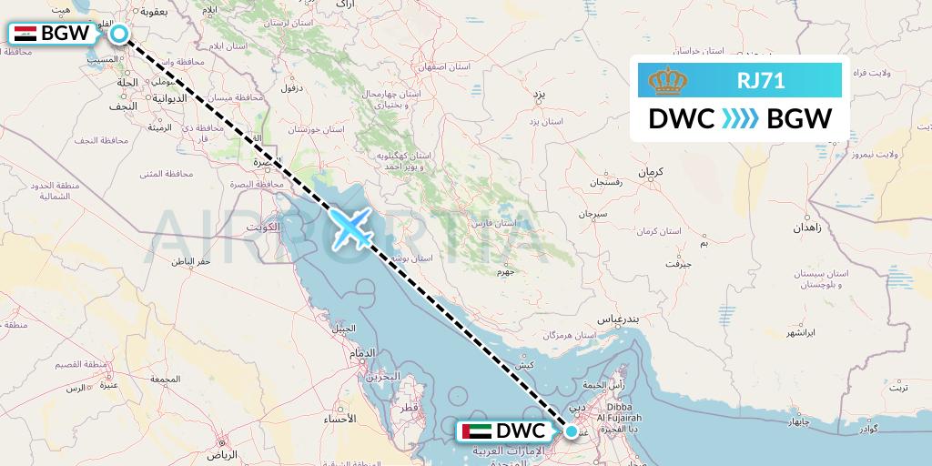 RJ71 Royal Jordanian Flight Map: Dubai to Baghdad