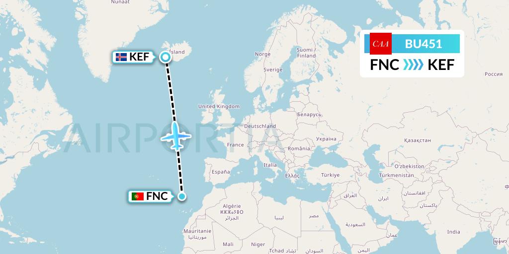 BU451 flyCAA Flight Map: Funchal to Reykjavik