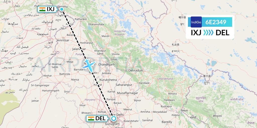 6E2349 IndiGo Airlines Flight Map: Jammu to Delhi