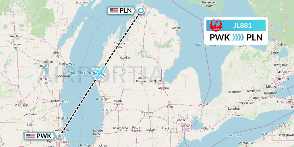 JL881 Japan Airlines Flight Map: Chicago to Pellston