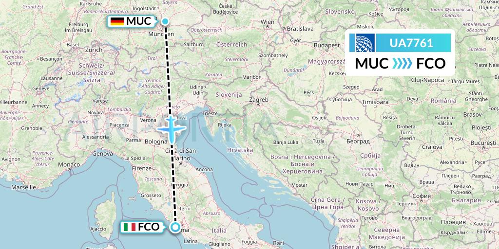 UA7761 United Airlines Flight Map: Munich to Rome