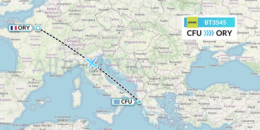 BT3545 Air Baltic Flight Map: Corfu to Paris