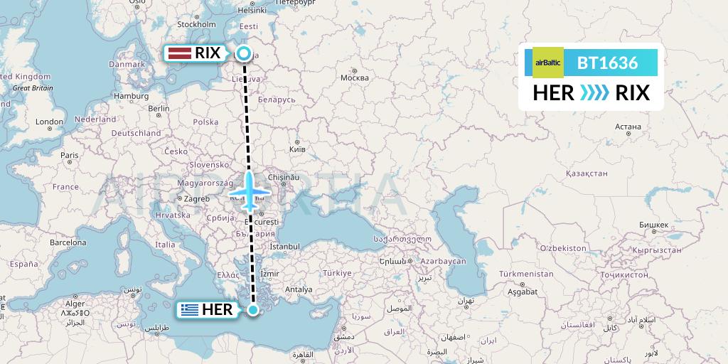 BT1636 Air Baltic Flight Map: Heraklion to Riga