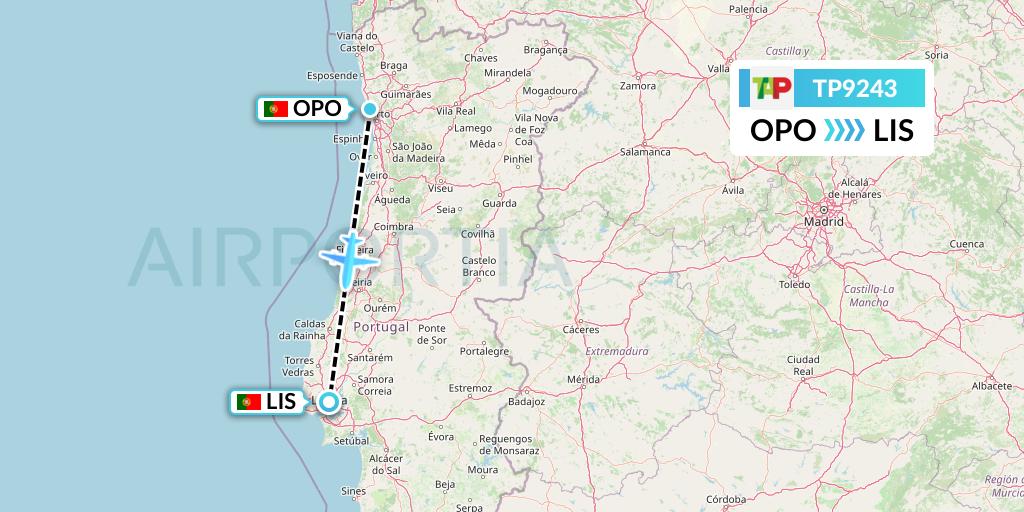 TP9243 TAP Portugal Flight Map: Porto to Lisbon