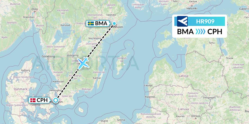 HR909 Hahn Air Flight Map: Stockholm to Copenhagen