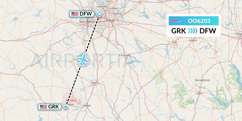 OO6203 SkyWest Airlines Flight Map: Killeen to Dallas