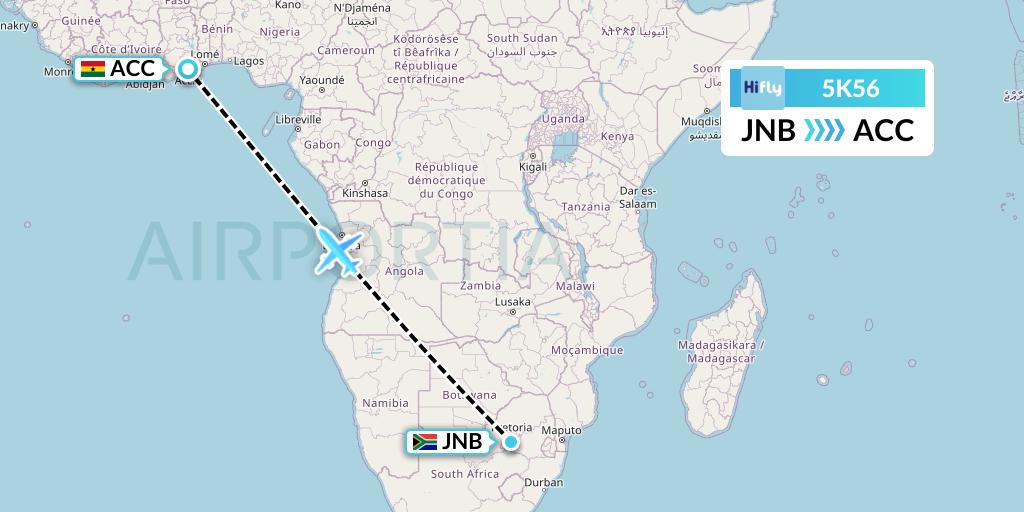 5K56 Hi Fly Flight Map: Johannesburg to Accra