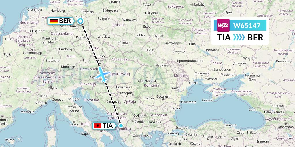 W65147 Wizz Air Flight Map: Tirana to Berlin