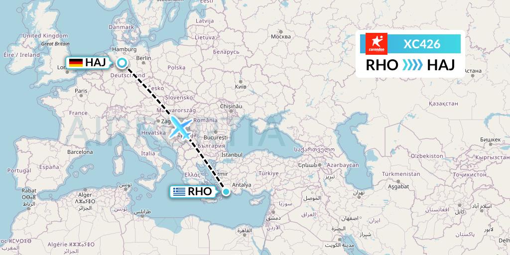 XC426 Corendon Airlines Flight Map: Rhodes to Hannover