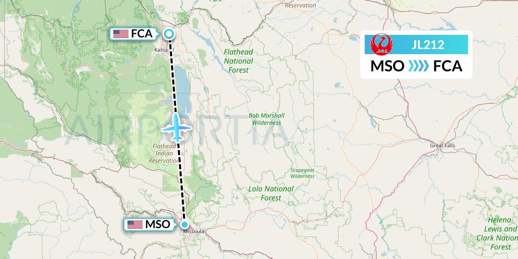 JL212 Japan Airlines Flight Map: Missoula to Kalispell
