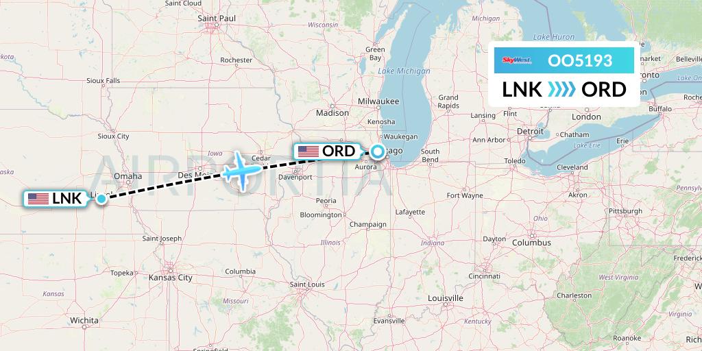 OO5193 SkyWest Airlines Flight Map: Lincoln to Chicago