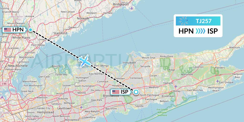 TJ257 Tradewind Aviation Flight Map: White Plains to Islip