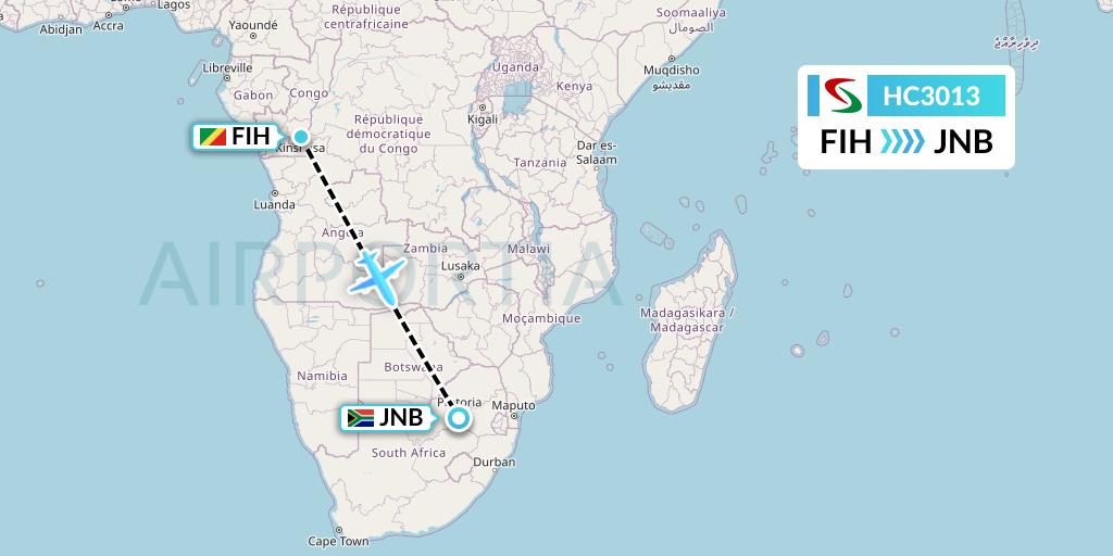 HC3013 Air Senegal Flight Map: Kinshasa to Johannesburg
