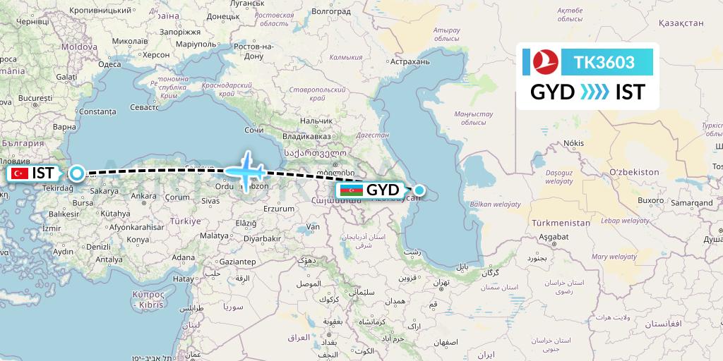 TK3603 Turkish Airlines Flight Map: Baku to Istanbul