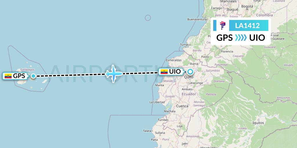 LA1412 LAN Airlines Flight Map: Galapagos to Quito