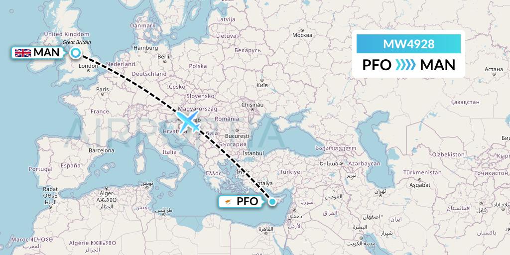 MW4928 Mokulele Flight Service Flight Map: Pafos to Manchester