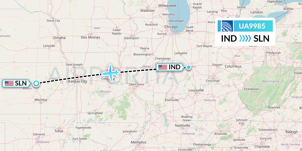 UA9985 United Airlines Flight Map: Indianapolis to Salina