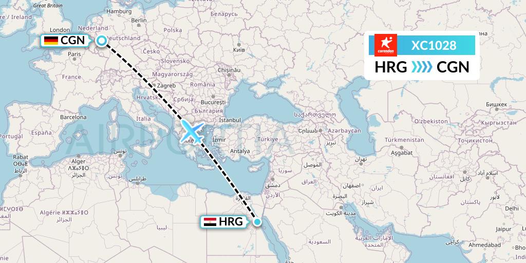 XC1028 Corendon Airlines Flight Map: Hurghada to Cologne