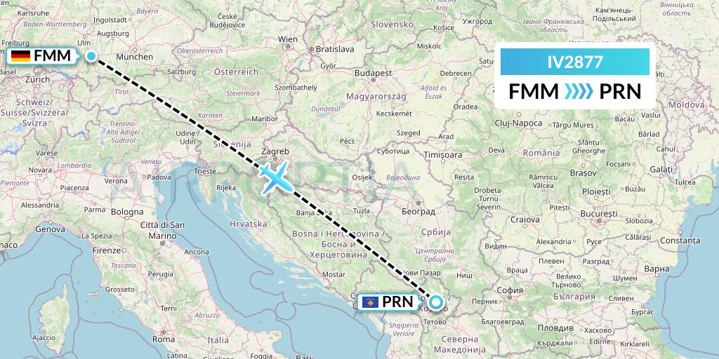 IV2877 VVB Aviation Malta Flight Map: Memmingen to Pristina