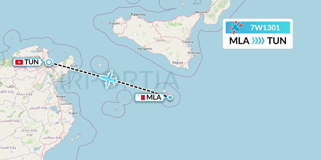 7W1301 Windrose Airlines Flight Map: Malta to Tunis