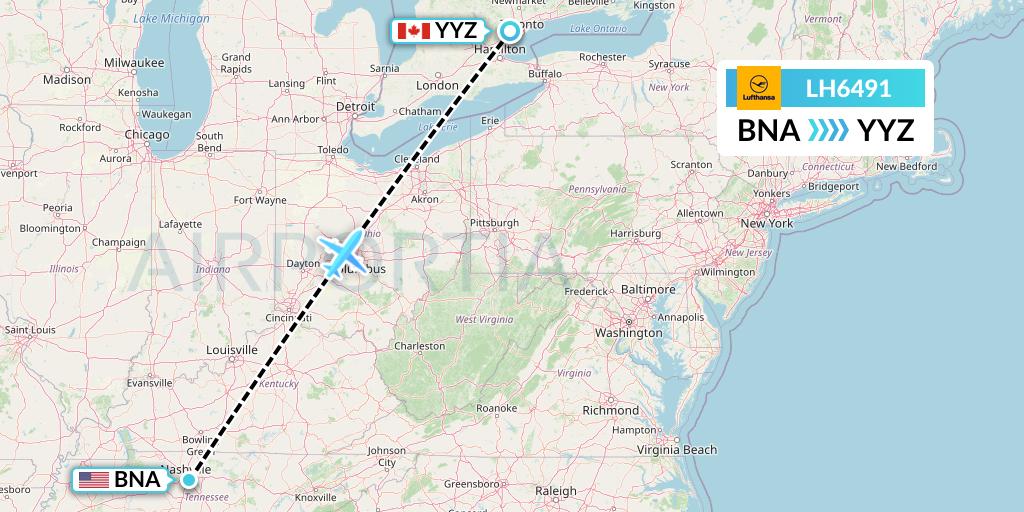LH6491 Lufthansa Flight Map: Nashville to Toronto
