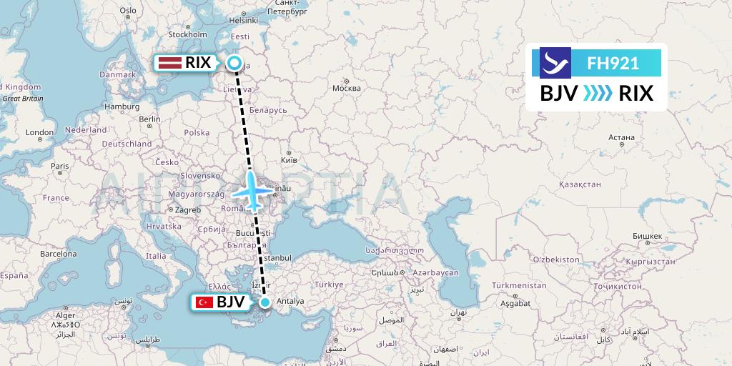 FH921 Freebird Airlines Flight Map: Bodrum to Riga