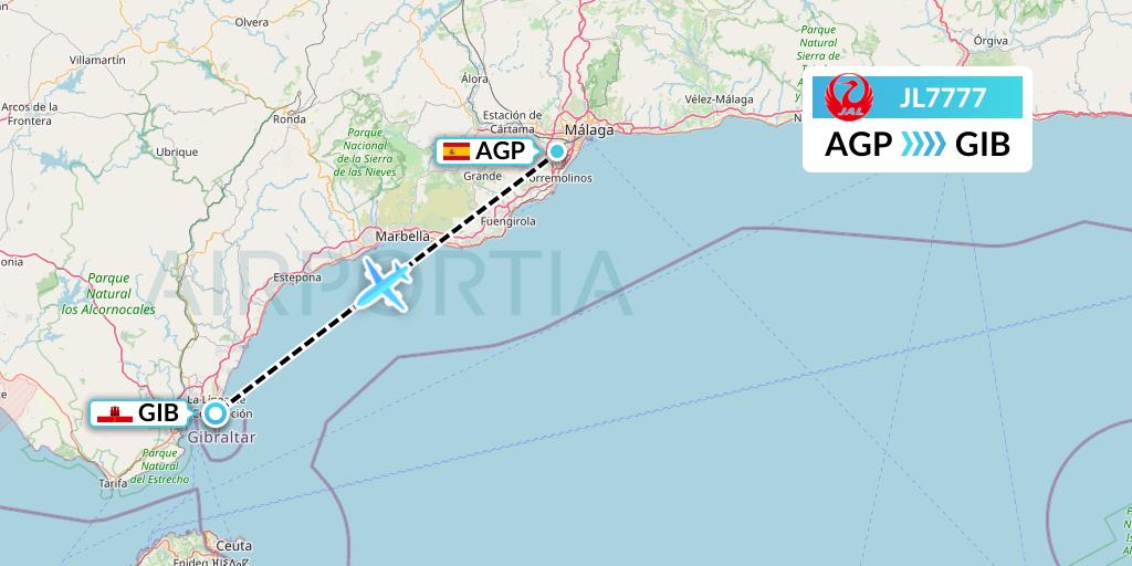 JL7777 Japan Airlines Flight Map: Malaga to Gibraltar