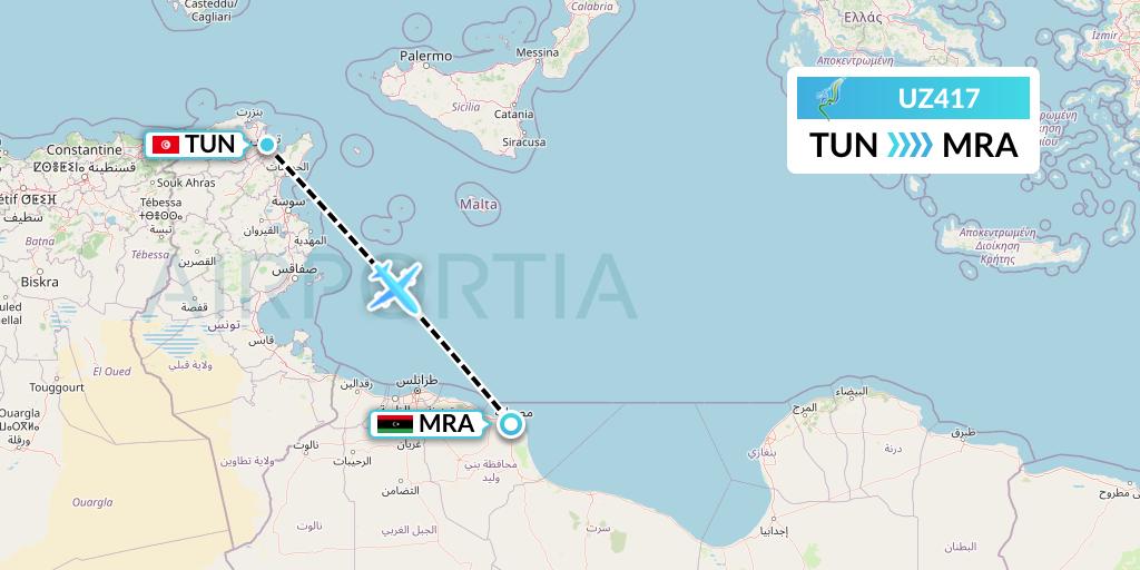 UZ417 Buraq Air Flight Map: Tunis to Misrata
