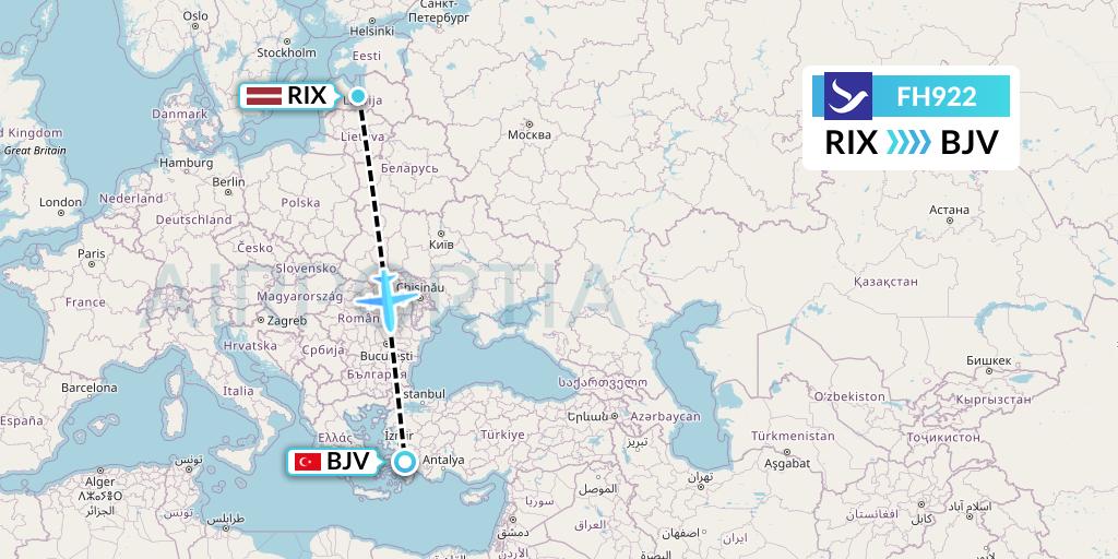 FH922 Freebird Airlines Flight Map: Riga to Bodrum