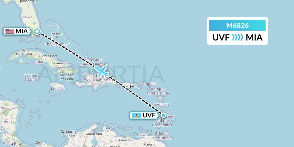 M6826 Amerijet International Flight Map: Vieux Fort to Miami