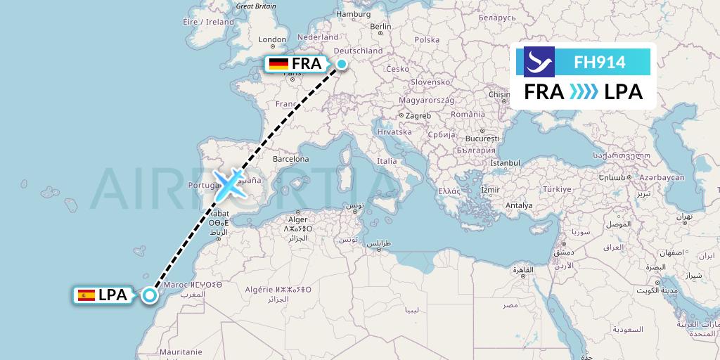 FH914 Freebird Airlines Flight Map: Frankfurt to Las Palmas