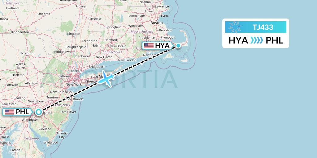 TJ433 Tradewind Aviation Flight Map: Hyannis to Philadelphia