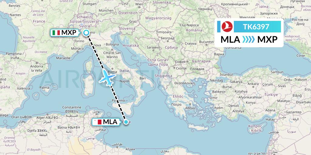 TK6397 Turkish Airlines Flight Map: Malta to Milan